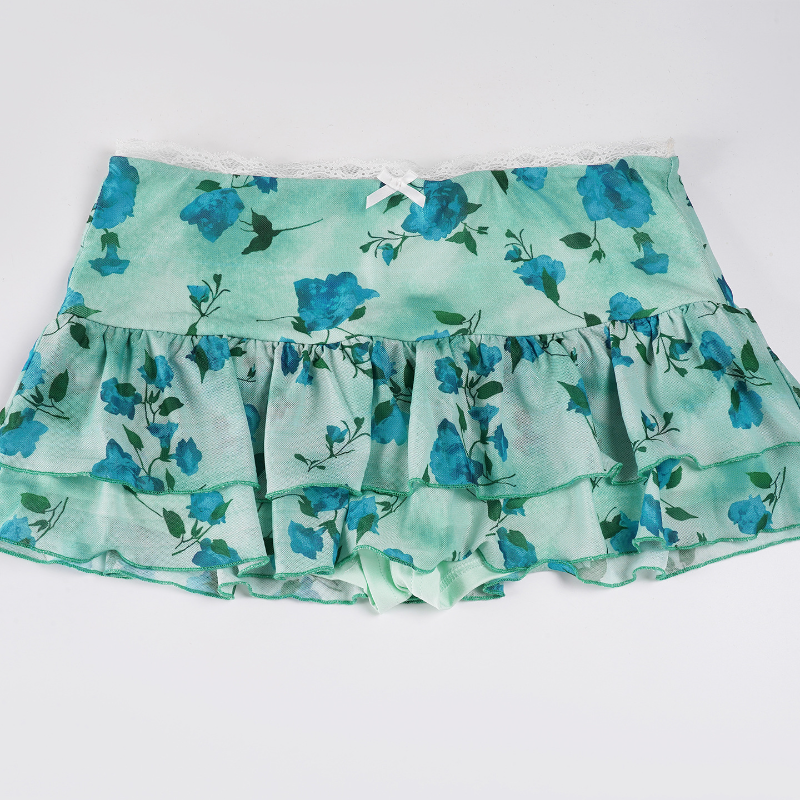 Y2K Coquette Blue Floral Ruffle Mini Skirt - Lace Trim & Bow Detail for Flirty Fall Style