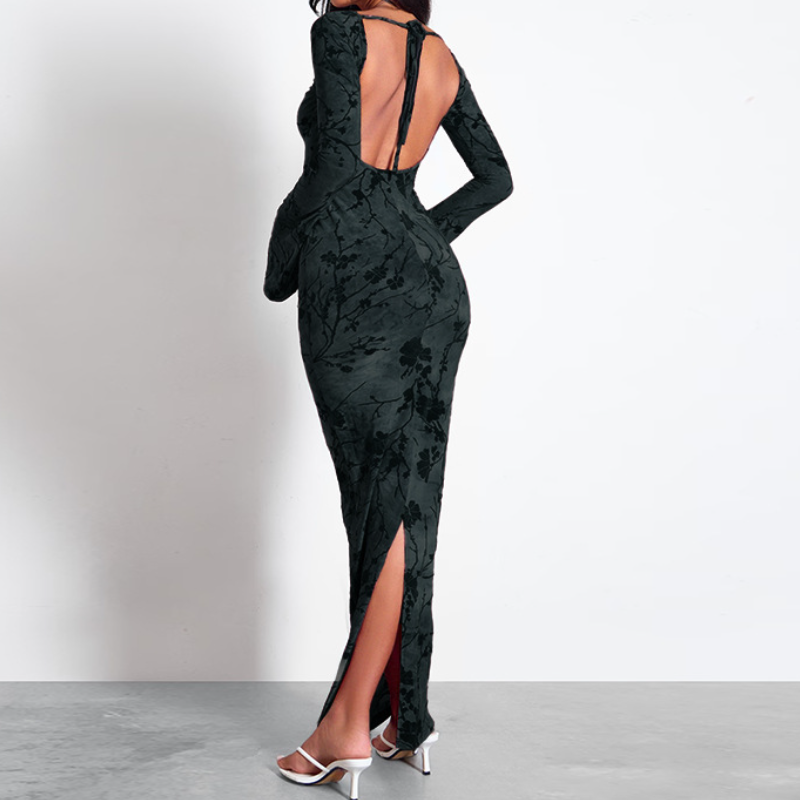 Enchanting Autumn Bloom Velvet Maxi Dress – Elegant Long Sleeve Backless Tie Gown