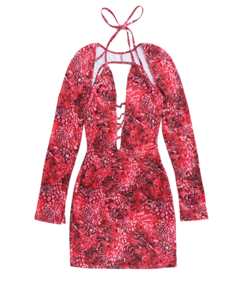Sizzling Red Animal Print Mini Dress | Daring Deep V Lace-Up & Long Sleeve Cut Out for Fall Parties