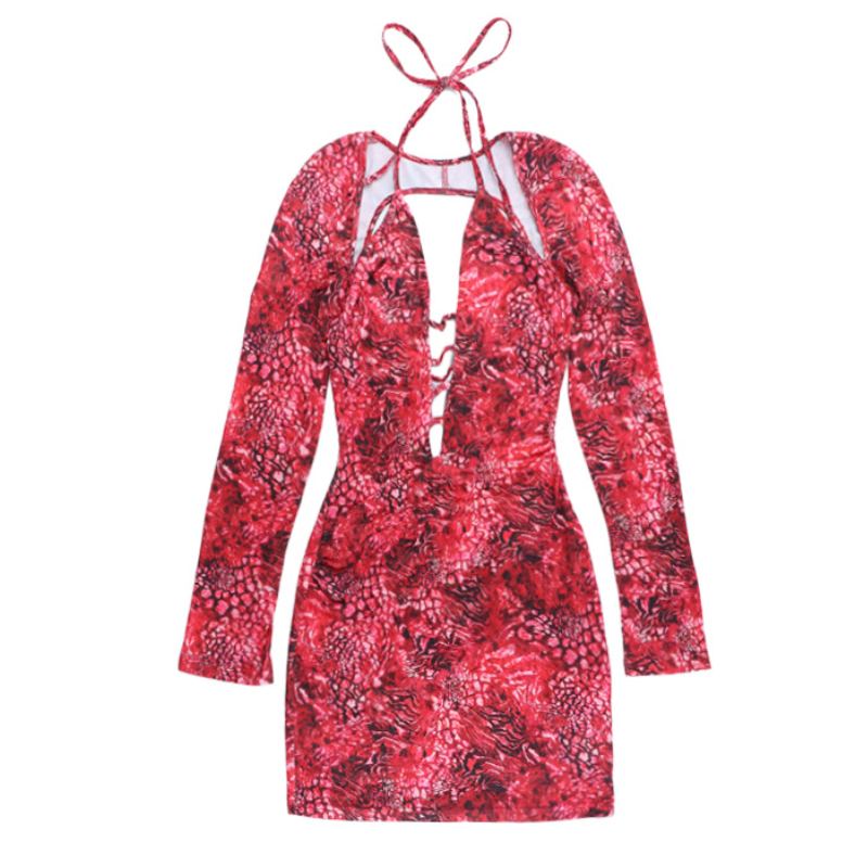 Sizzling Red Animal Print Mini Dress | Daring Deep V Lace-Up & Long Sleeve Cut Out for Fall Parties