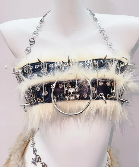 Untamed Spirit: Fierce Faux Fur & Spiked Halter Mini Set - Halloween Rave & Festival Outfit