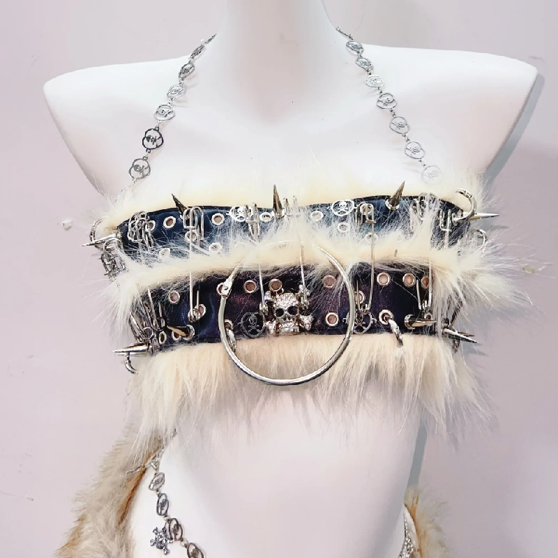 Untamed Spirit: Fierce Faux Fur & Spiked Halter Mini Set - Halloween Rave & Festival Outfit