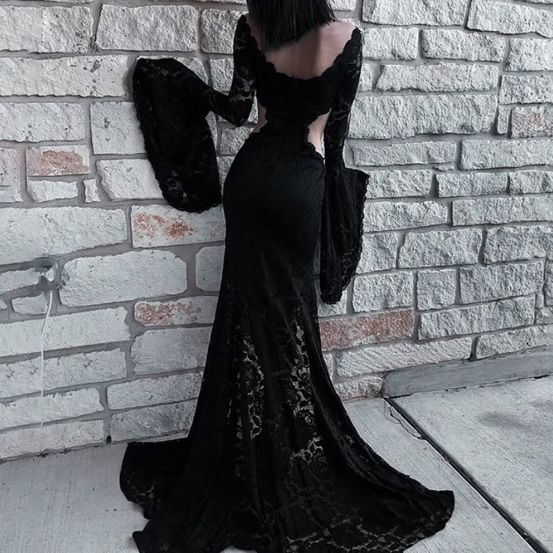 The Raven's Veil: Gothic Lace Off-Shoulder Maxi Gown with Dramatic Bell Sleeves & Seductive Thigh Slit – Halloween & Fall Ready
