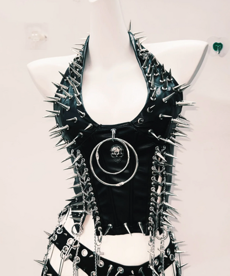 Spiked & Chained Faux Leather Halter Top & Mini Skirt Set - Ultimate Goth Rave Halloween Outfit