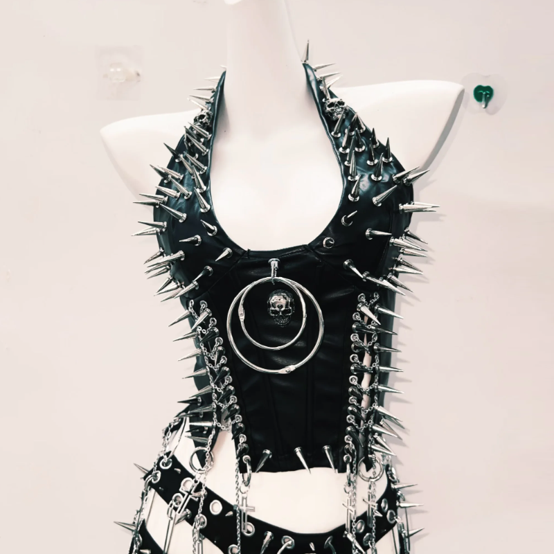 Spiked & Chained Faux Leather Halter Top & Mini Skirt Set - Ultimate Goth Rave Halloween Outfit