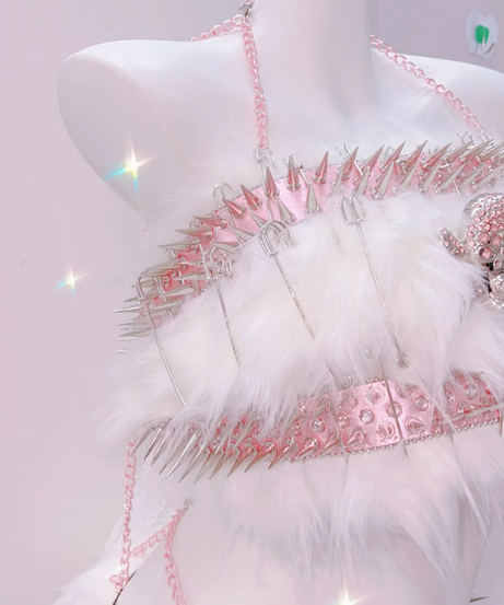 Pink Spiked Skull Fluffy Rave Set - Halloween & Y2K Party Queen Two-Piece