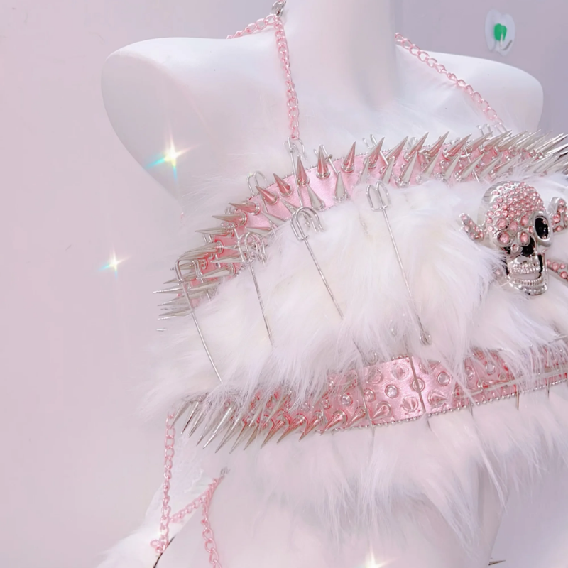 Pink Spiked Skull Fluffy Rave Set - Halloween & Y2K Party Queen Two-Piece