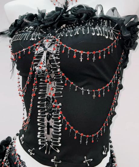 Gothic Siren Two-Piece Set: Edgy Beaded Cross Top & Lace Maxi Skirt for Halloween & Beyond
