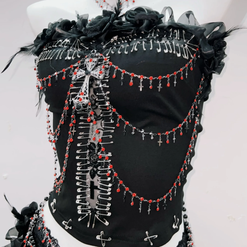 Gothic Siren Two-Piece Set: Edgy Beaded Cross Top & Lace Maxi Skirt for Halloween & Beyond