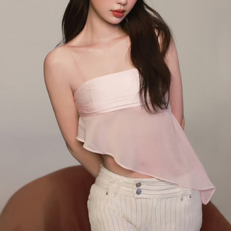 Blush Dream Sheer Asymmetrical Strapless Top - Fall Evening Chic