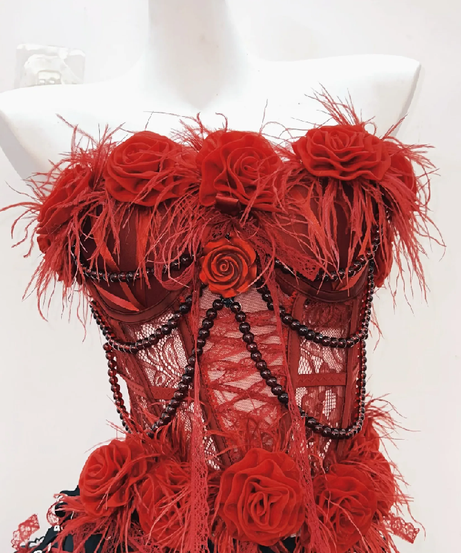 Gothic Glamour Feathered Rose Corset Mini Dress - Perfect for Halloween & Dark Romance