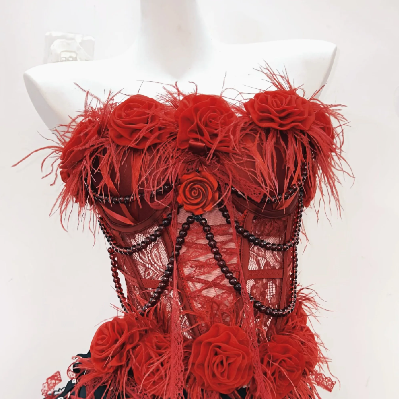 Gothic Glamour Feathered Rose Corset Mini Dress - Perfect for Halloween & Dark Romance