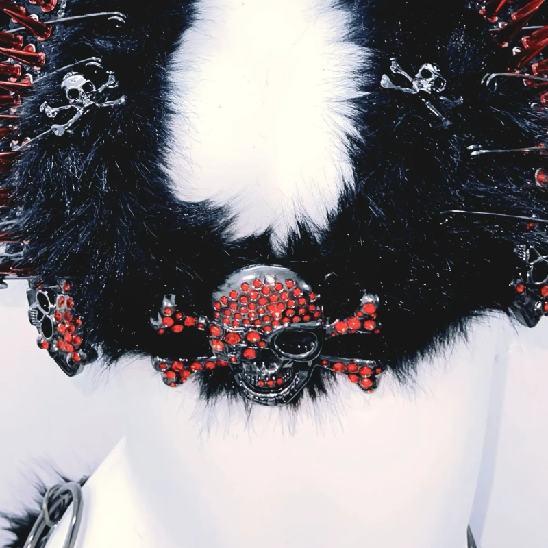 Fierce Spiked Skull Faux Fur Rave Set: Halter Crop Top & Mini Skirt - Halloween & Festival Ready!