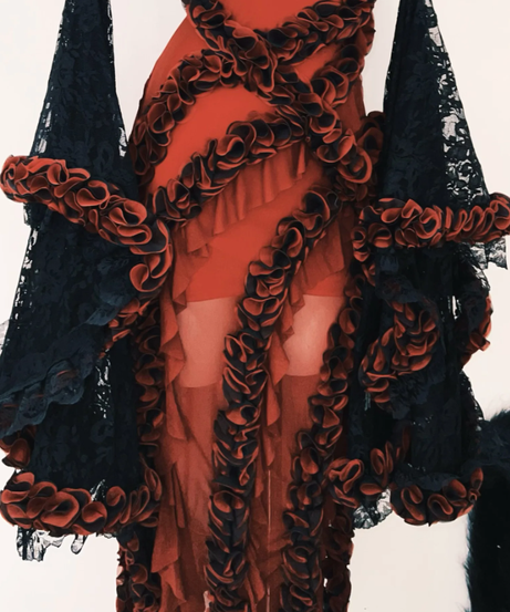 Crimson Enchantress Gown | Dramatic Ruffle & Black Lace Fall & Halloween Statement Dress