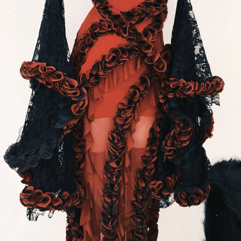 Crimson Enchantress Gown | Dramatic Ruffle & Black Lace Fall & Halloween Statement Dress