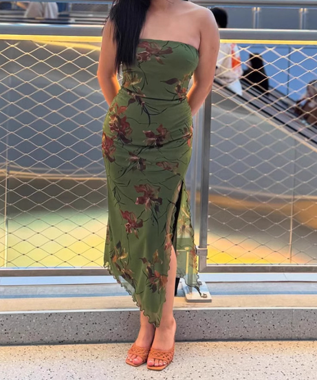 Effortless Autumn Chic: Strapless Olive Floral Midi Dress with Slit