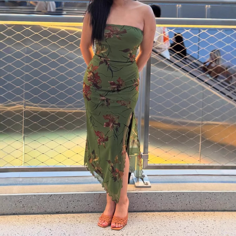 Effortless Autumn Chic: Strapless Olive Floral Midi Dress with Slit