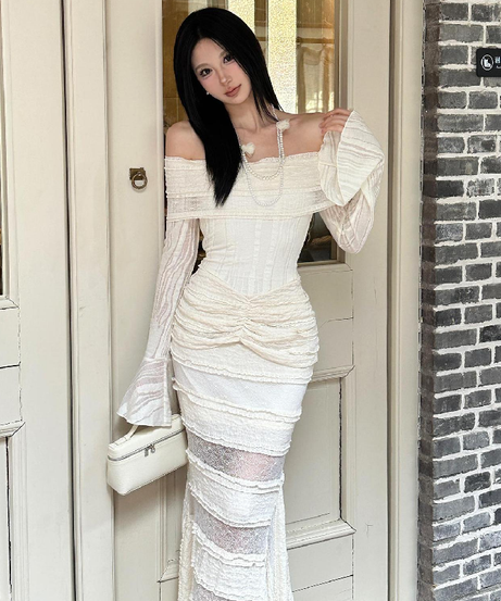 Ethereal Chic Off-Shoulder Ruched Lace Maxi Dress - Fall Events & Holiday Ready