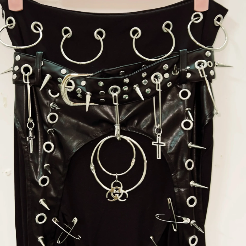Unleash Your Edge: Goth Punk Faux Leather O-Ring Maxi Skirt with Safety Pin Detail | Fall & Halloween Statement Piece