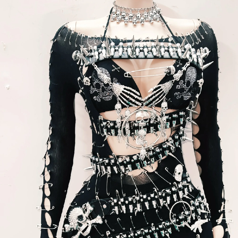 Unleash Your Edge: Spiked Skull Cutout Jumpsuit - Perfect for Halloween, Concerts & Clubs