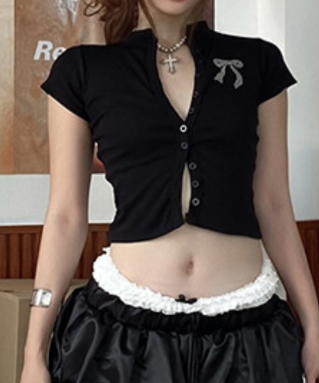 Sparkle Bow Ribbed Button-Front Crop Top - Fall & Holiday Glam