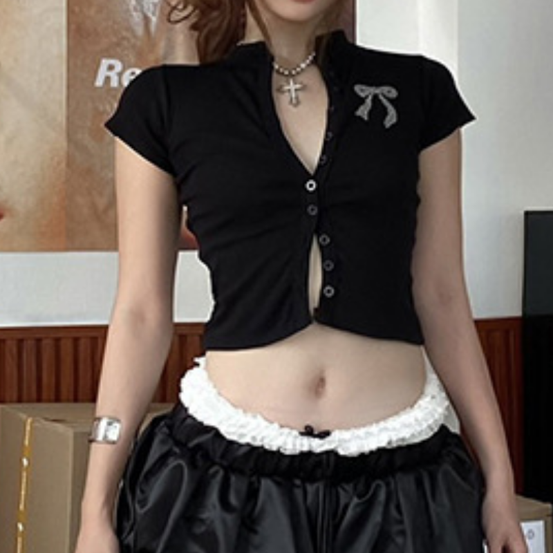 Sparkle Bow Ribbed Button-Front Crop Top - Fall & Holiday Glam