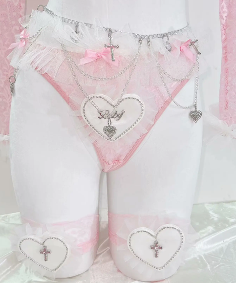 Coquette Angelcore Pink Lace Lingerie Set | Sweetheart Crop Top, Chain Belt & Thigh-High Stockings