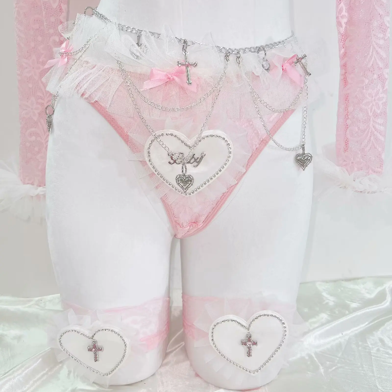 Coquette Angelcore Pink Lace Lingerie Set | Sweetheart Crop Top, Chain Belt & Thigh-High Stockings