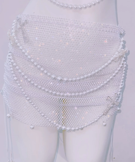 Dazzling Pearl & Rhinestone Mesh Body Chain Halter Top & Mini Skirt Set - Your Ultimate Holiday Glam & NYE Statement