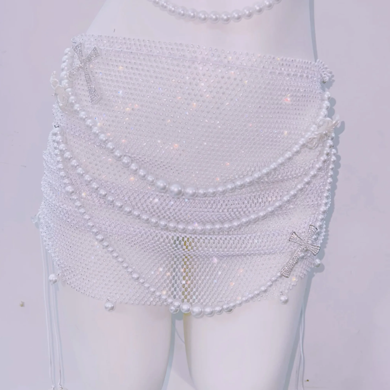 Dazzling Pearl & Rhinestone Mesh Body Chain Halter Top & Mini Skirt Set - Your Ultimate Holiday Glam & NYE Statement