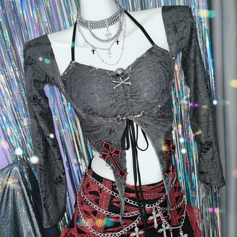 Gothic Grunge Skull & Cross 2-Piece Halter Top & Shrug Set - Edgy Y2K Style for Halloween & Fall