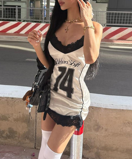 Effortless Edge: '74 Van Shift' Lace Trim Cami Mini Dress - Perfect for Fall Nights & Beyond