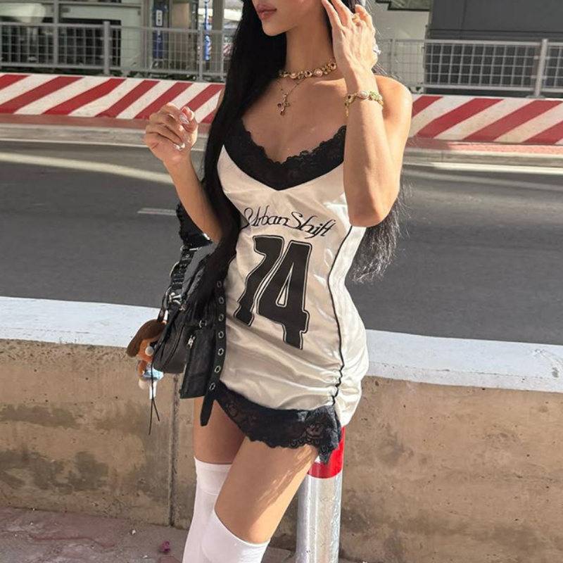 Effortless Edge: '74 Van Shift' Lace Trim Cami Mini Dress - Perfect for Fall Nights & Beyond