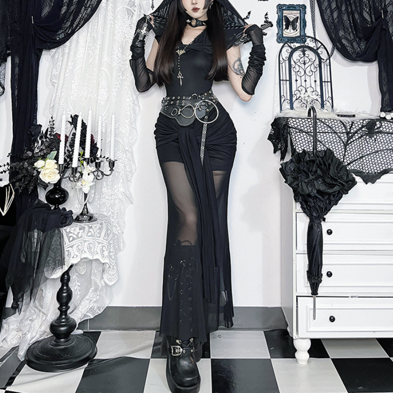 Midnight Raven Hooded Mesh Maxi Dress - Gothic Glamour for Halloween & Fall