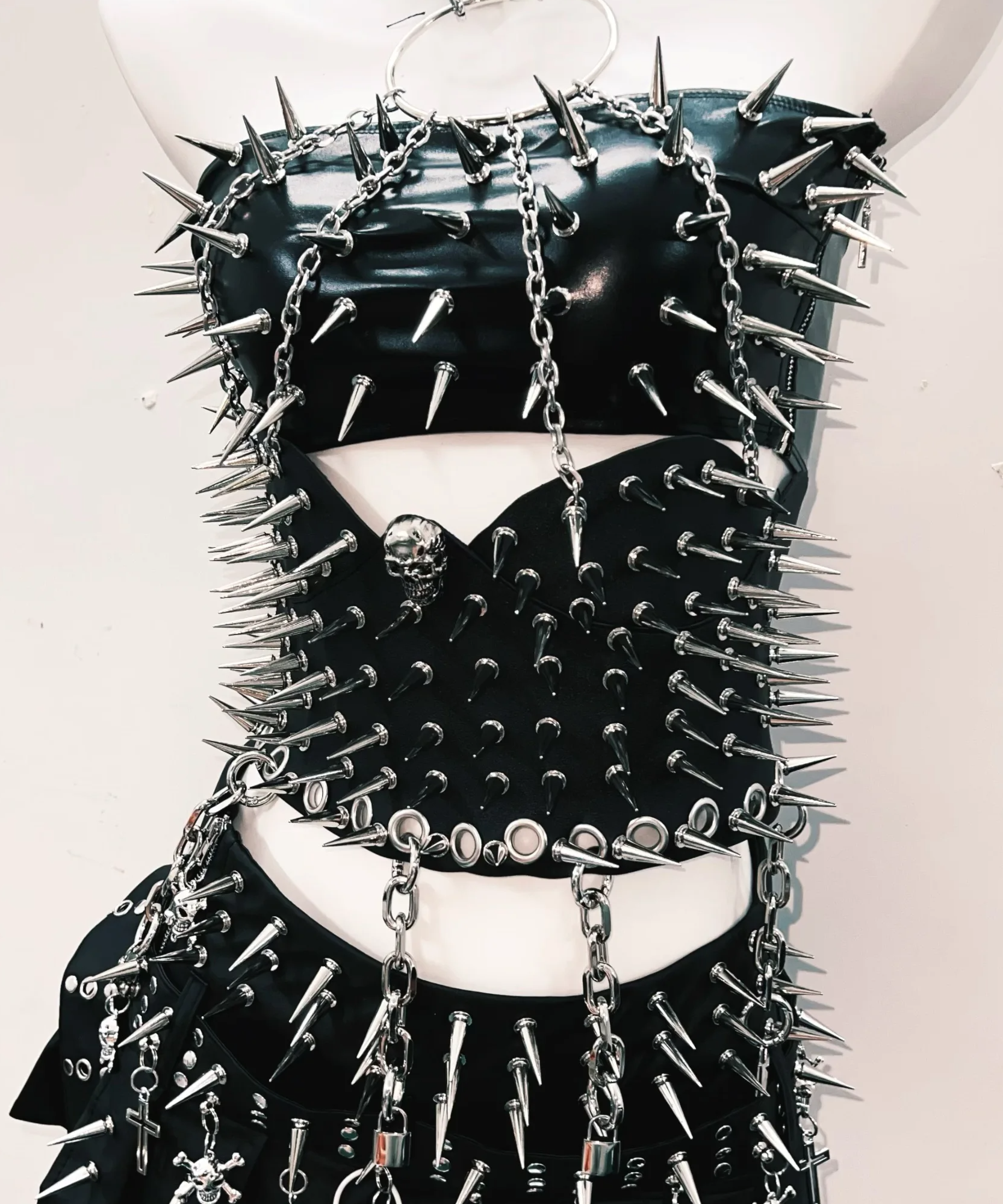 Unleash Your Inner Rebel: Ultimate Spiked Faux Leather Goth Punk Halter Top & Skirt Set – Halloween & Rave Ready