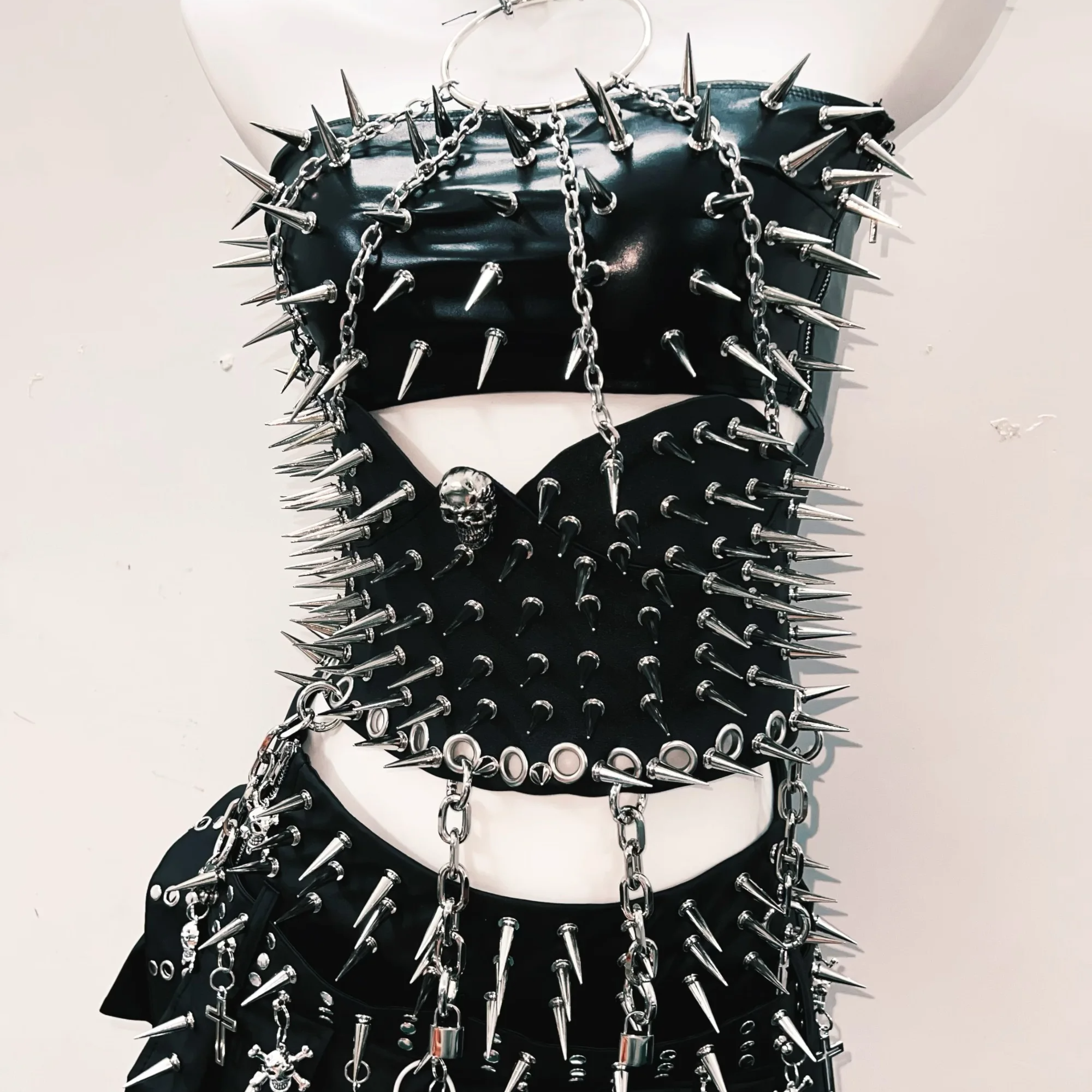 Unleash Your Inner Rebel: Ultimate Spiked Faux Leather Goth Punk Halter Top & Skirt Set – Halloween & Rave Ready