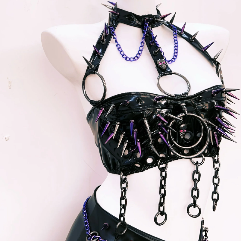 Fierce Spiked & Chained Goth Punk Faux Leather Crop Top & Slit Mini Skirt Set - Edgy Halloween & Rave Clubwear