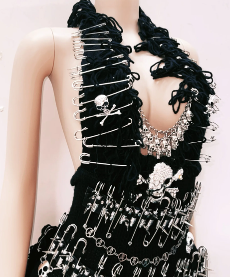Rebel Glam Skull & Safety Pin Halter Mini Dress | Halloween Party & Goth Clubwear for Women