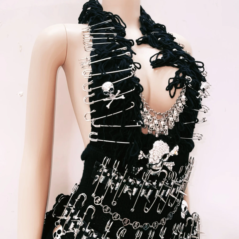 Rebel Glam Skull & Safety Pin Halter Mini Dress | Halloween Party & Goth Clubwear for Women