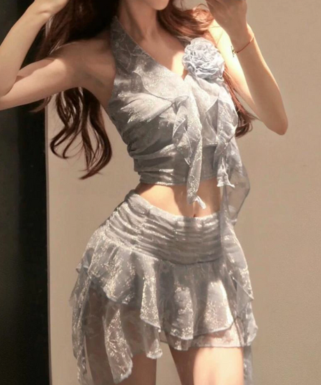 Dazzling Shimmer Ruffle Halter Mini Skirt Set - Your Festive Holiday & NYE Glam