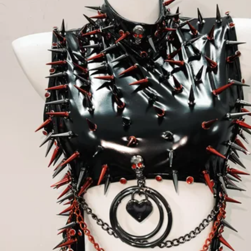 Unleash Your Dark Side: Red & Black Spiked Gothic Bodysuit | Halloween, Rave, & Clubwear Statement
