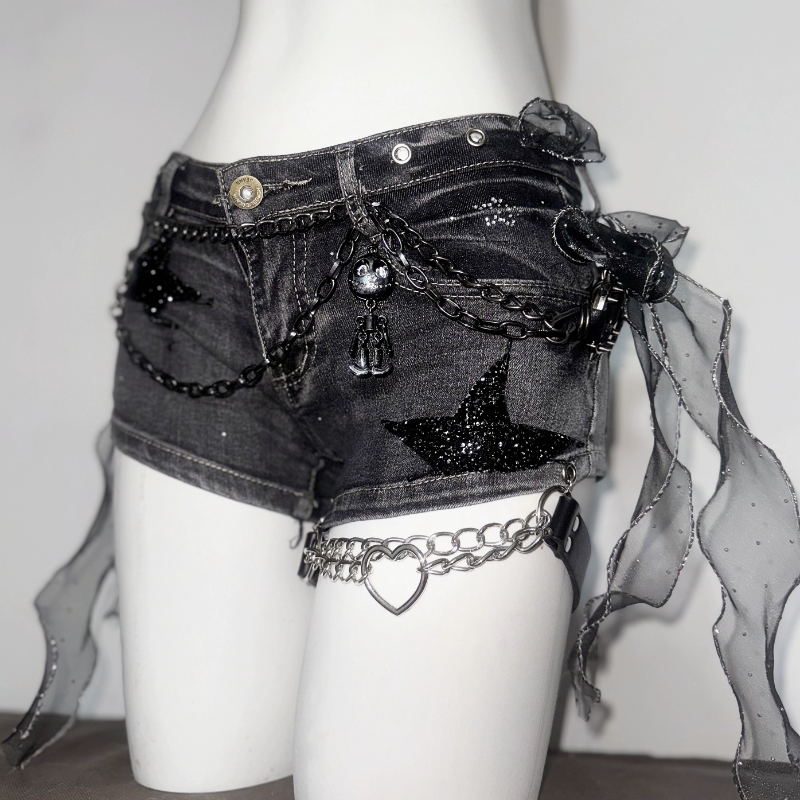 Goth Glam Star Chain Denim Shorts – Edgy Halloween & Festival Ready Alt Girl Style
