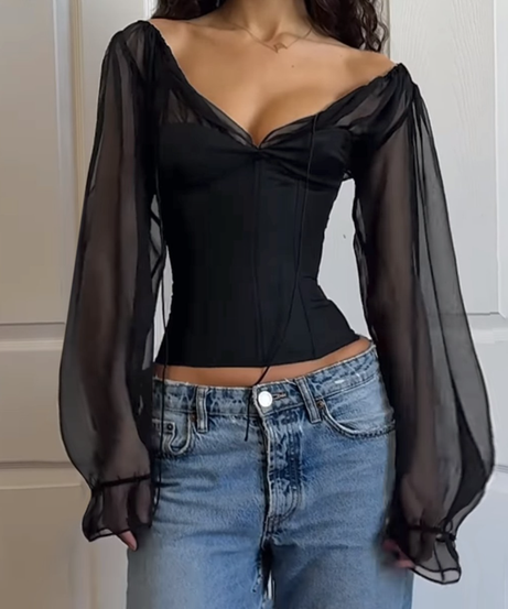 Autumn Allure: Black Sheer Puff Sleeve Corset Top - Fall's Must-Have Going Out Blouse