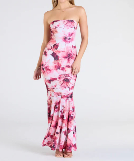 Stunning Blue Floral Strapless Maxi Dress - Elegant Mermaid Gown for Resort & Special Occasions