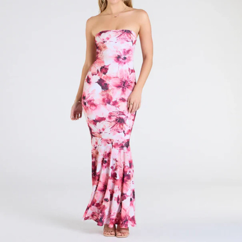 Stunning Blue Floral Strapless Maxi Dress - Elegant Mermaid Gown for Resort & Special Occasions