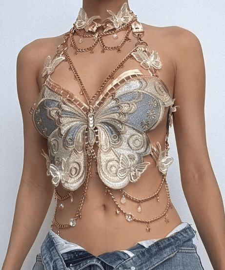 Enchanted Butterfly Halter Top & Body Chain with Choker | Festival Rave & Halloween Statement Piece