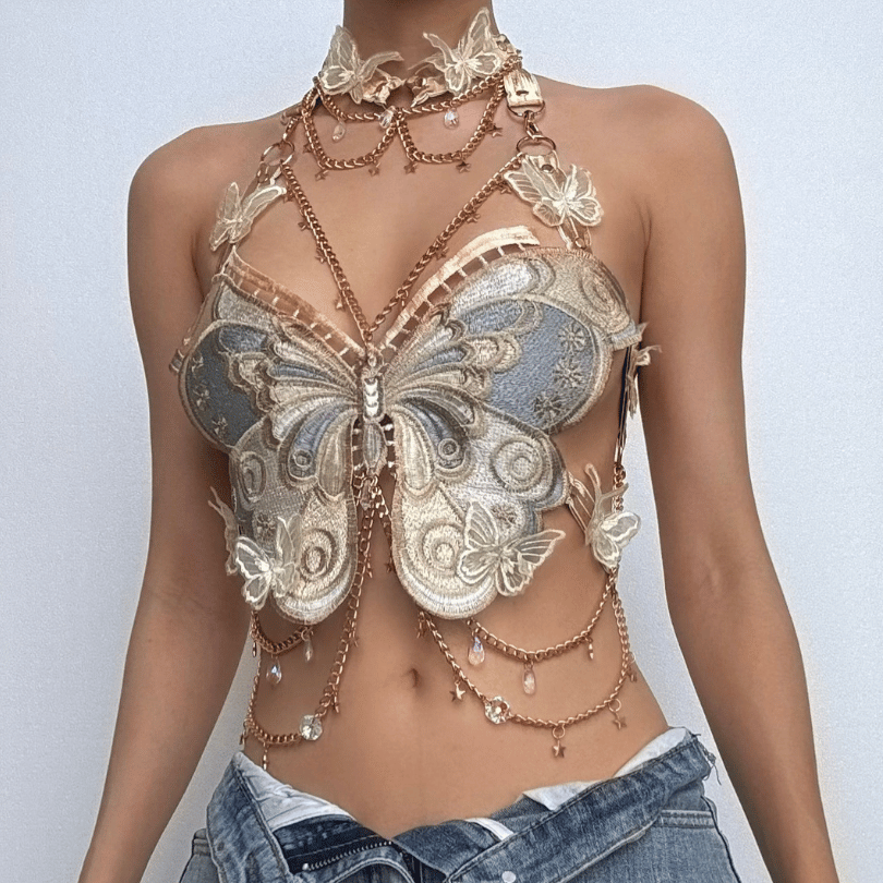 Enchanted Butterfly Halter Top & Body Chain with Choker | Festival Rave & Halloween Statement Piece