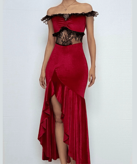 Sultry Red Velvet Off-Shoulder Lace Maxi Gown | High Slit Evening & Holiday Party Dress