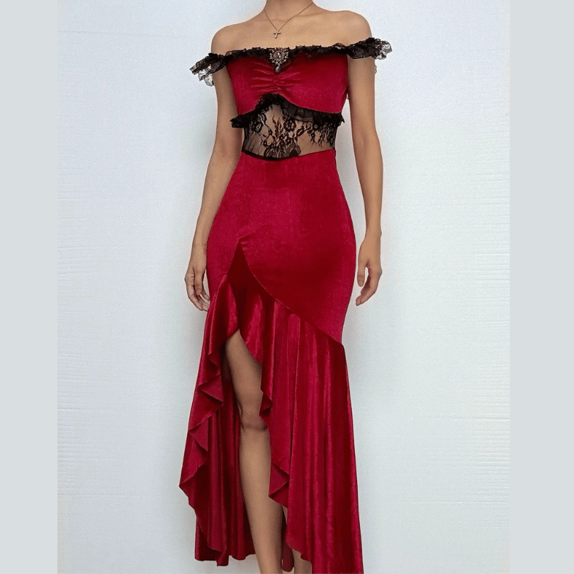 Sultry Red Velvet Off-Shoulder Lace Maxi Gown | High Slit Evening & Holiday Party Dress