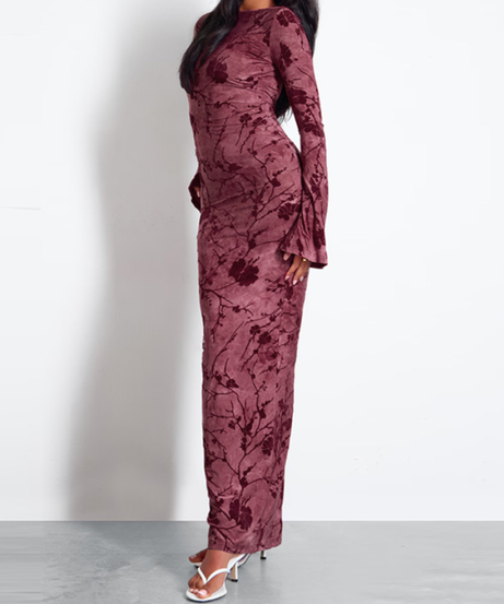 Enchanting Autumn Bloom Velvet Maxi Dress – Elegant Long Sleeve Backless Tie Gown